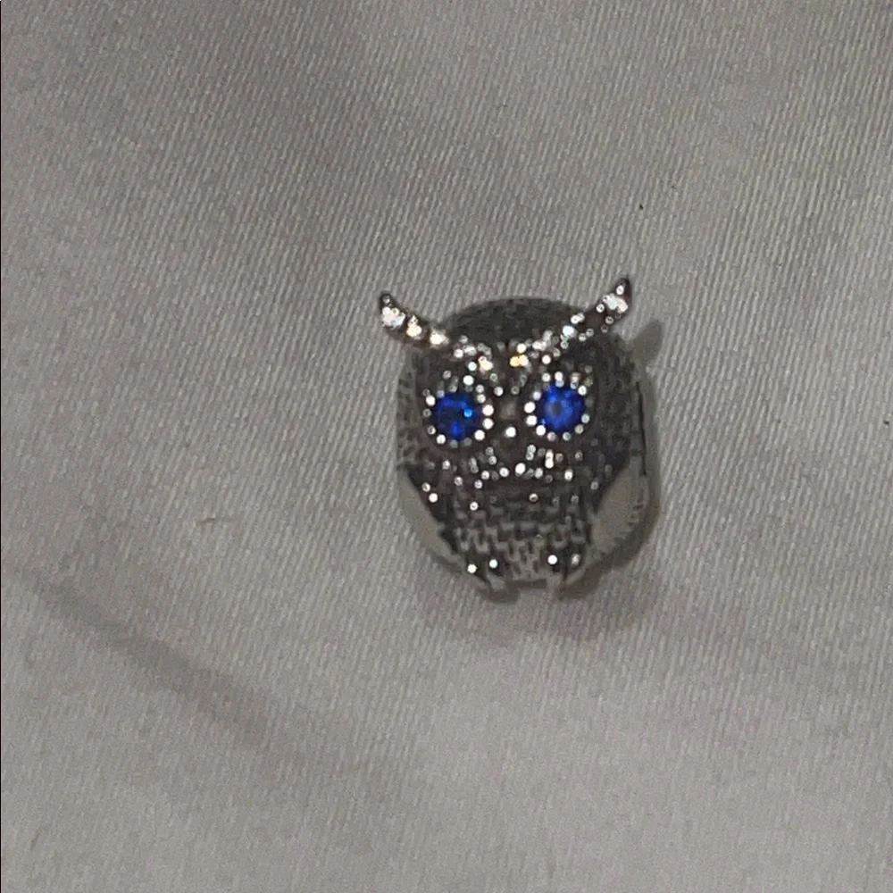 Sterling Silver 925 Owl Charm with Blue Gemstone Eyes